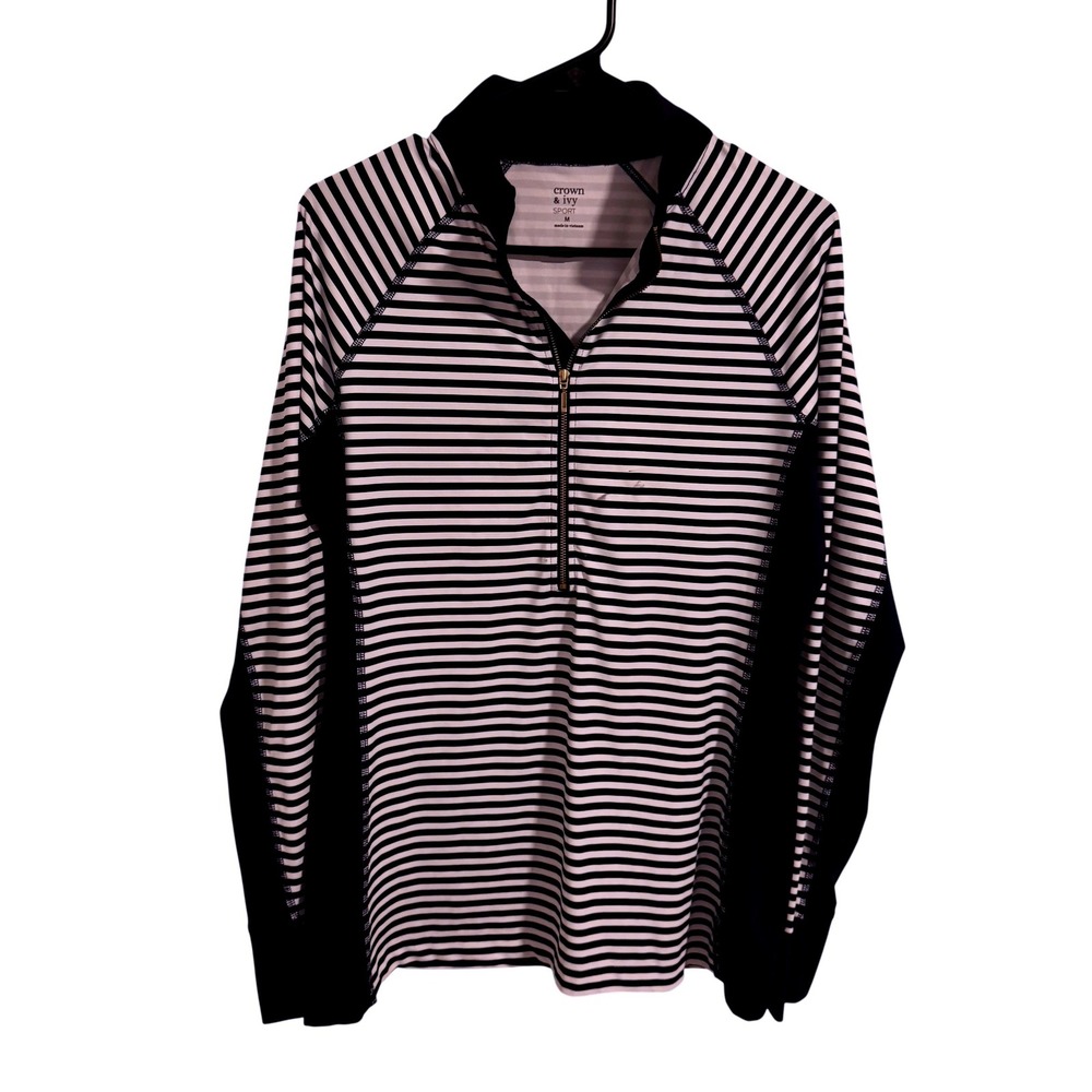 Crown & Ivy Sport Womens Navy White Striped Quarter Zip Pullover Top Medium